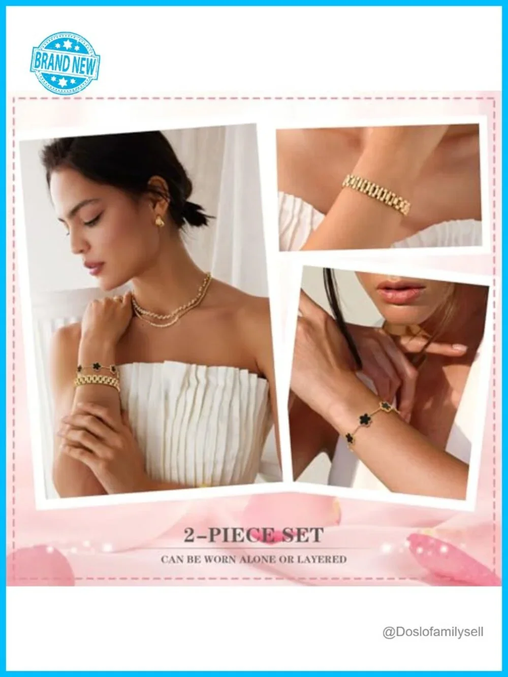 18K Gold Plated Floral Link Bracelet Set, 2pcs Stackable Chain Bracelets